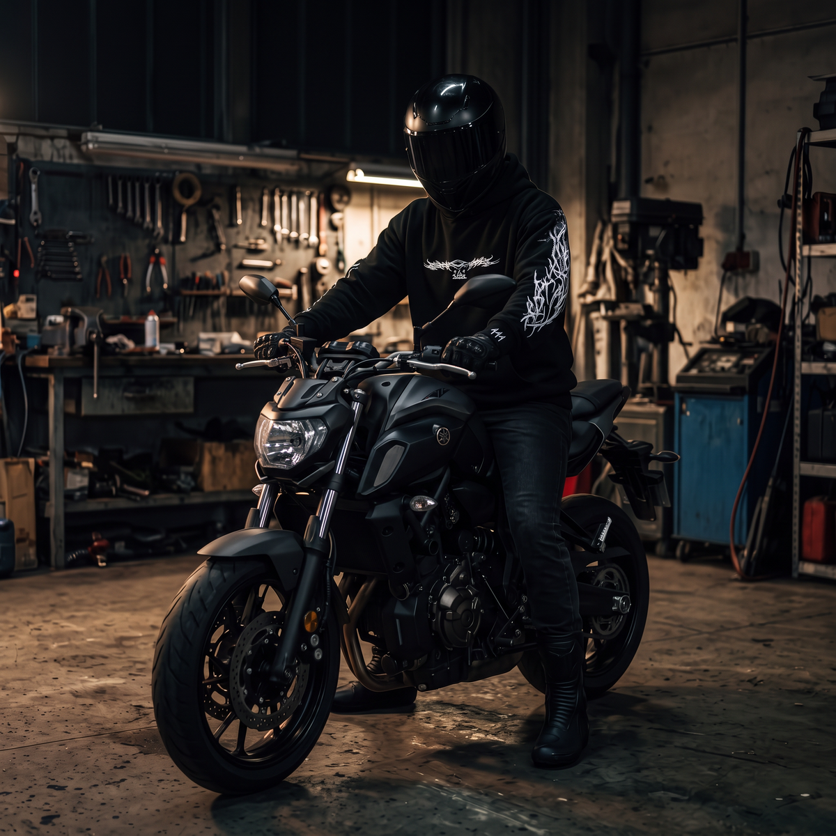 Rider on motorcycle wearing the Thorn Reflective Hoodie, front view