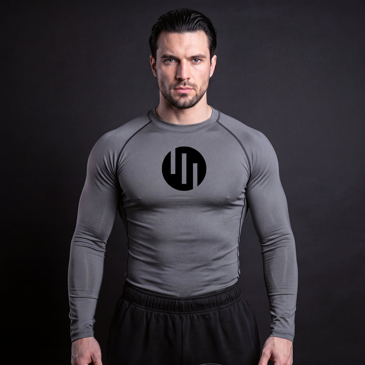 Viltrumite Compression Shirt Gray & Black long sleeve on model, front view