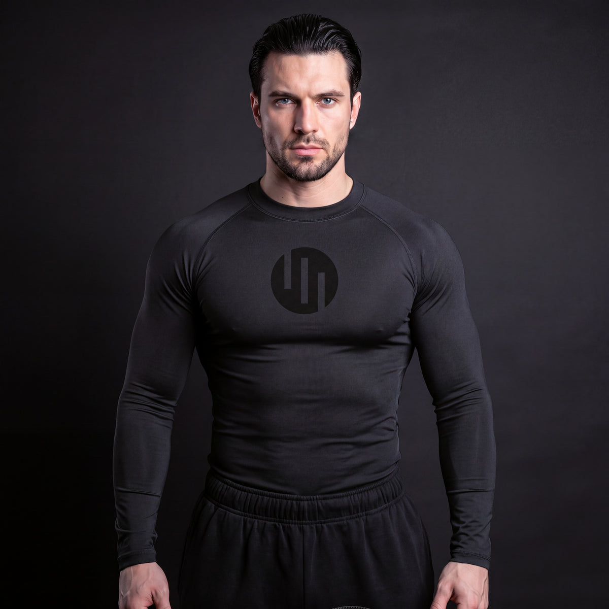 Viltrumite Compression Shirt Total Black long sleeve on model, front view