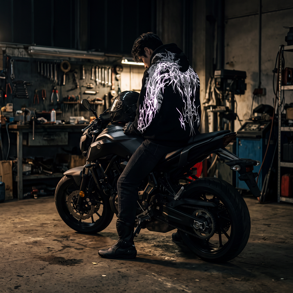 Rider in a garage wearing the Thorn Reflective Hoodie