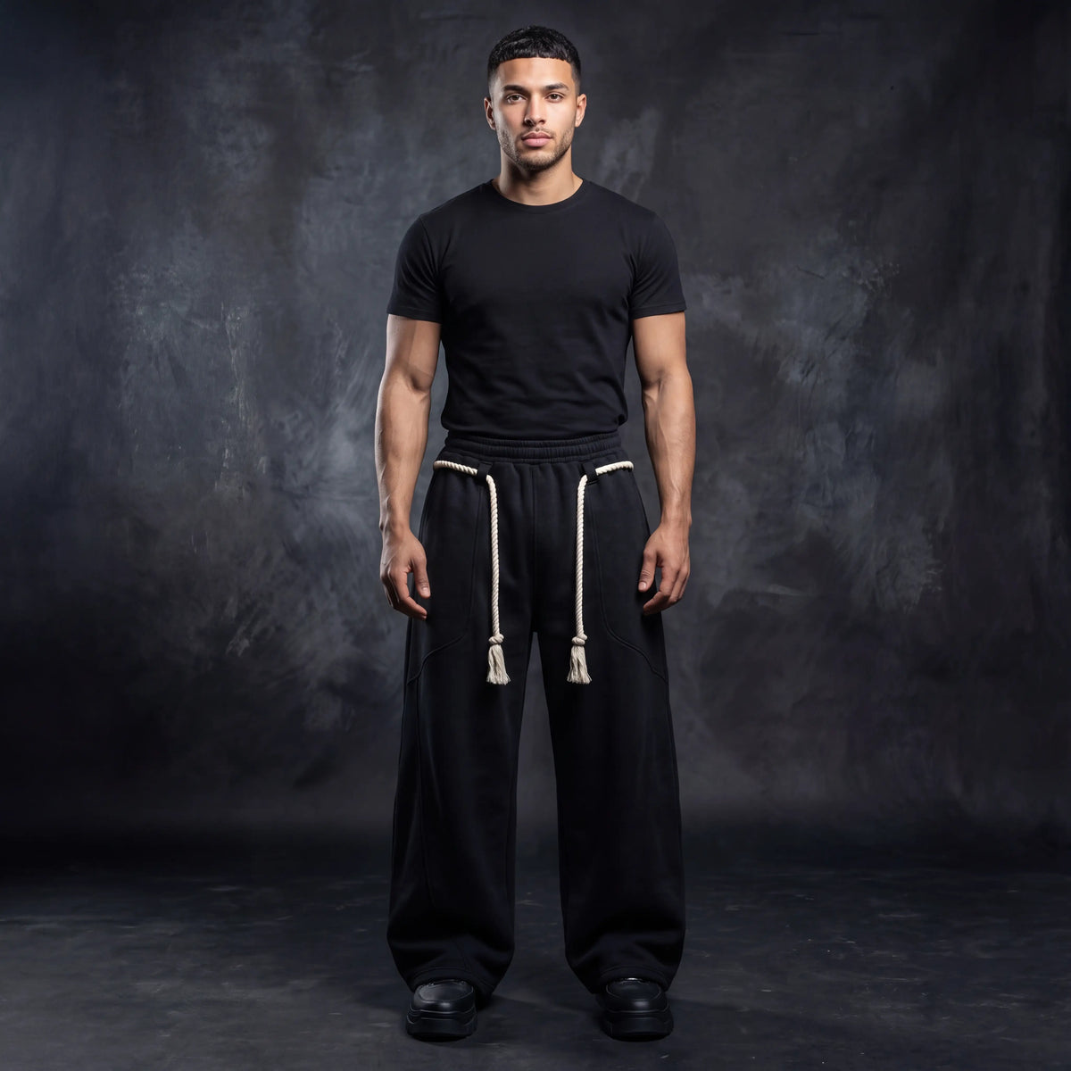 Rope Harem Sweatpants Black - on model